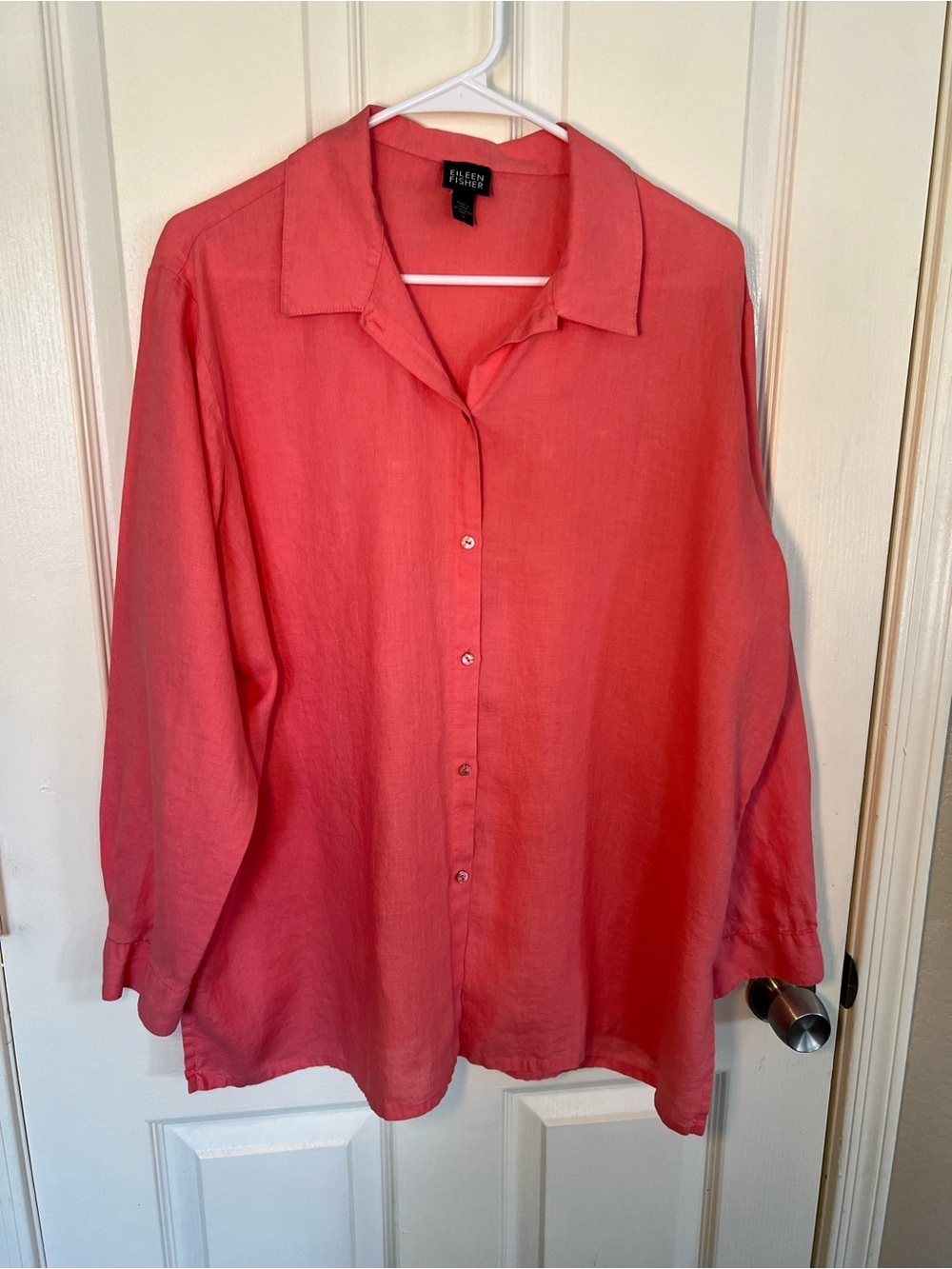 Eileen Fisher 100% Irish Linen Button Front Shirt Large Coral Long Sleeve - Picture 6 of 9